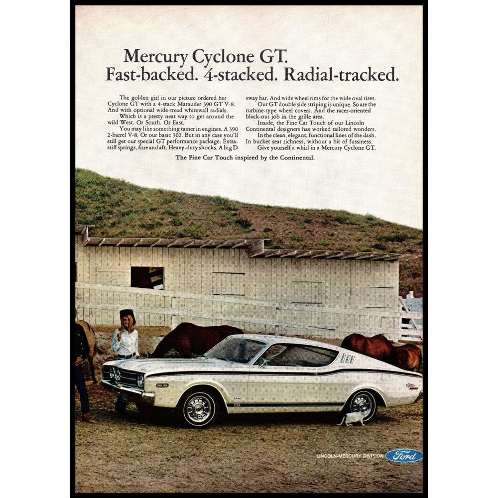 1968 Mercury Cyclone GT Fastback Vintage Print Ad Horse Barn Farm Wall Art
